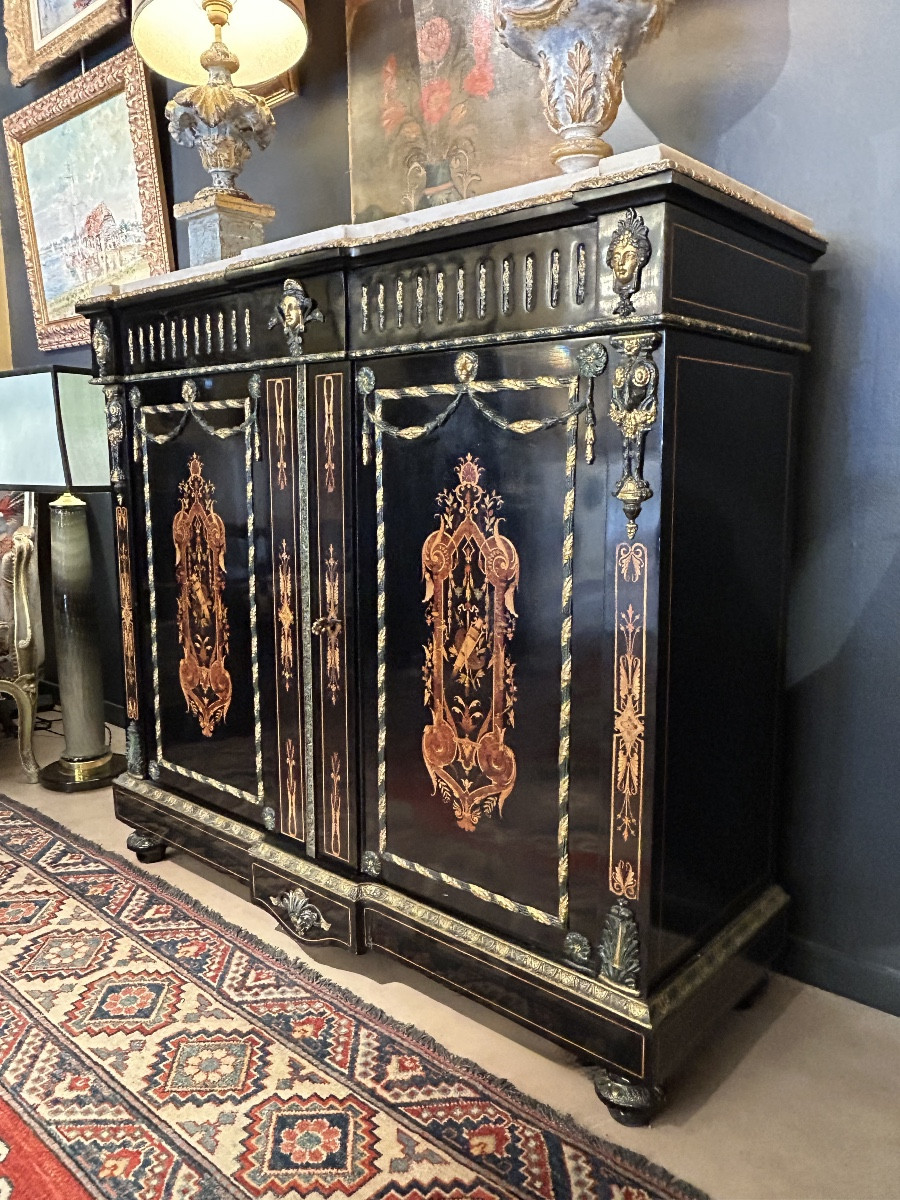 Blackened Wood Entre-deux Cabinet, Marquetry - Napoleon III Style, 19th Century