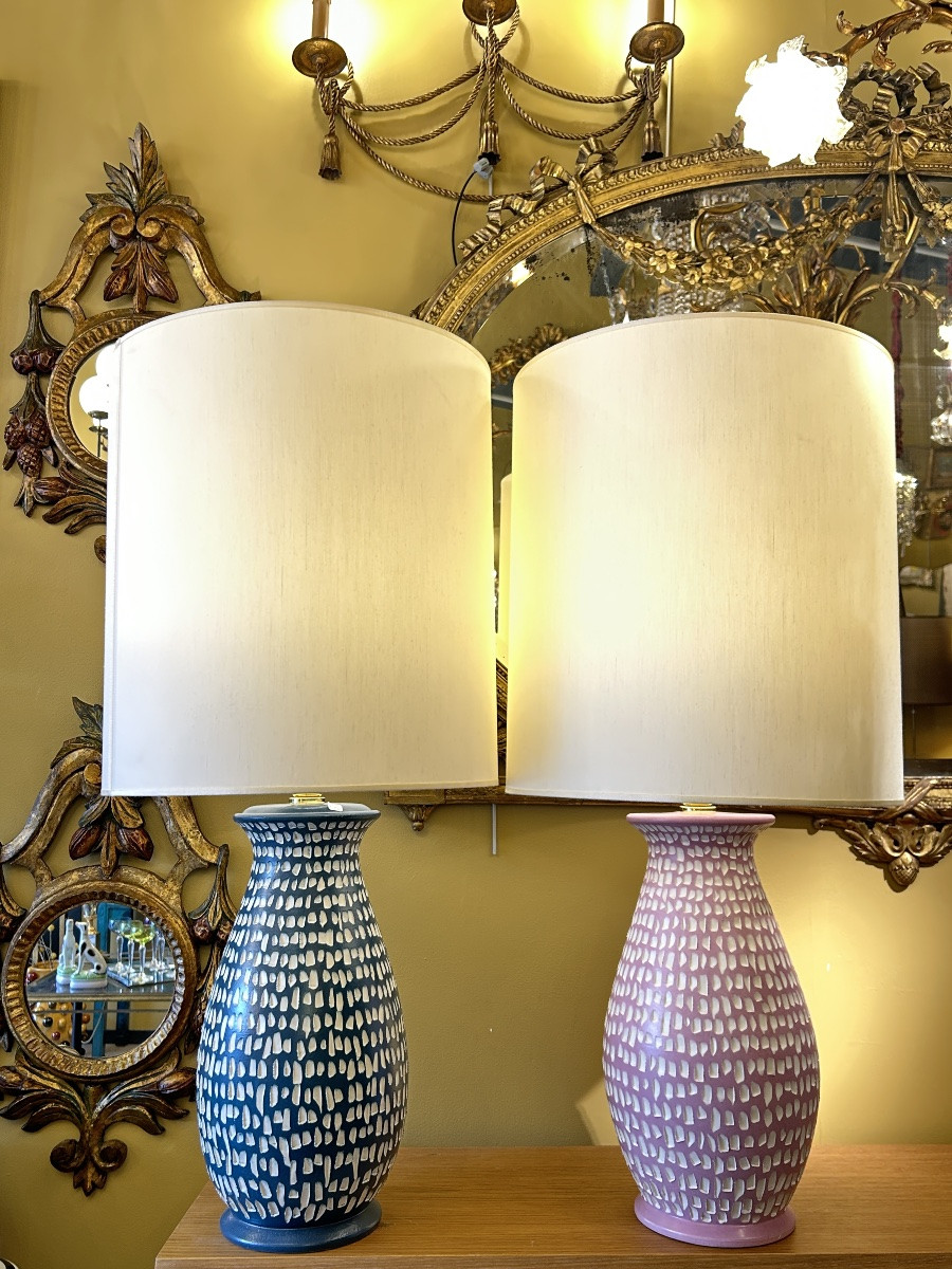 Pair Of Lamps In Painted Ceramics, Semis Pattern - 20th Century-photo-2