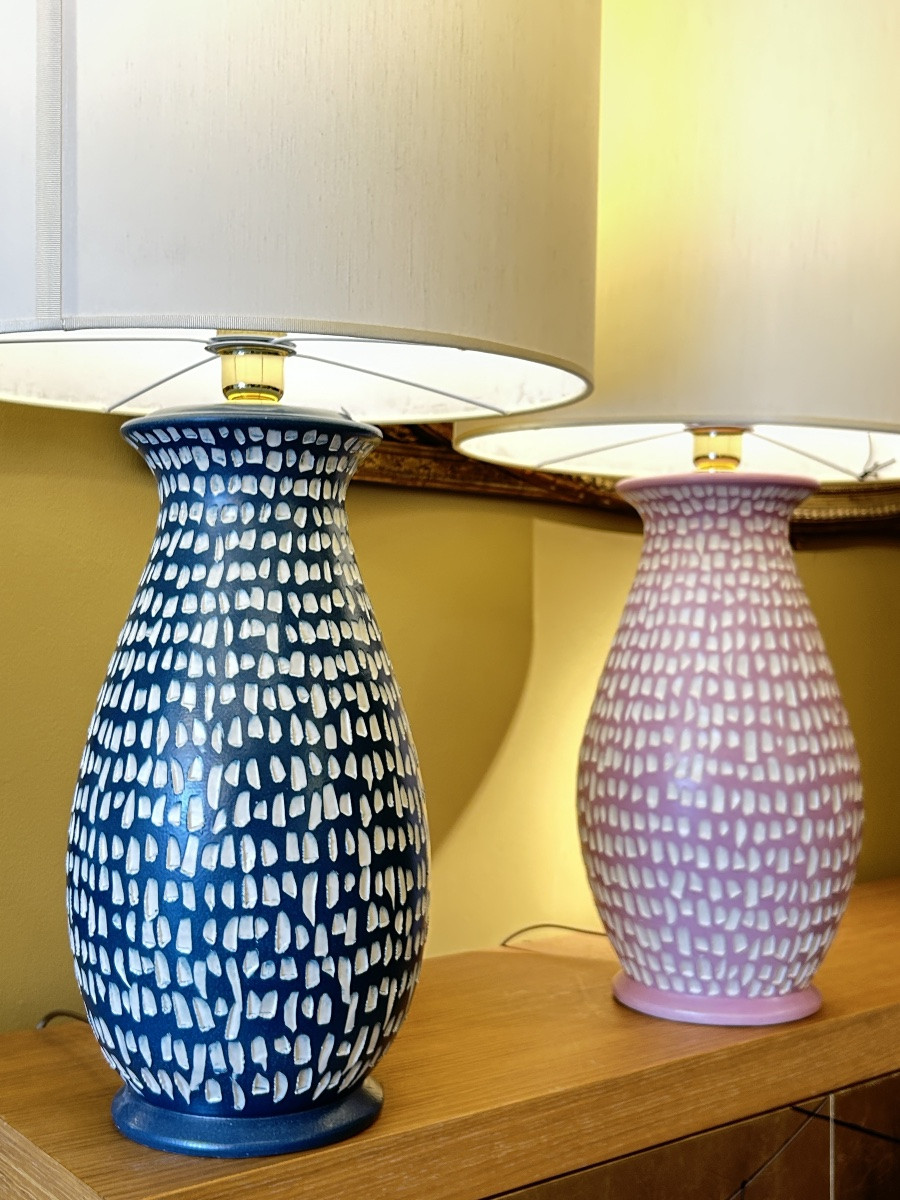 Pair Of Lamps In Painted Ceramics, Semis Pattern - 20th Century-photo-3