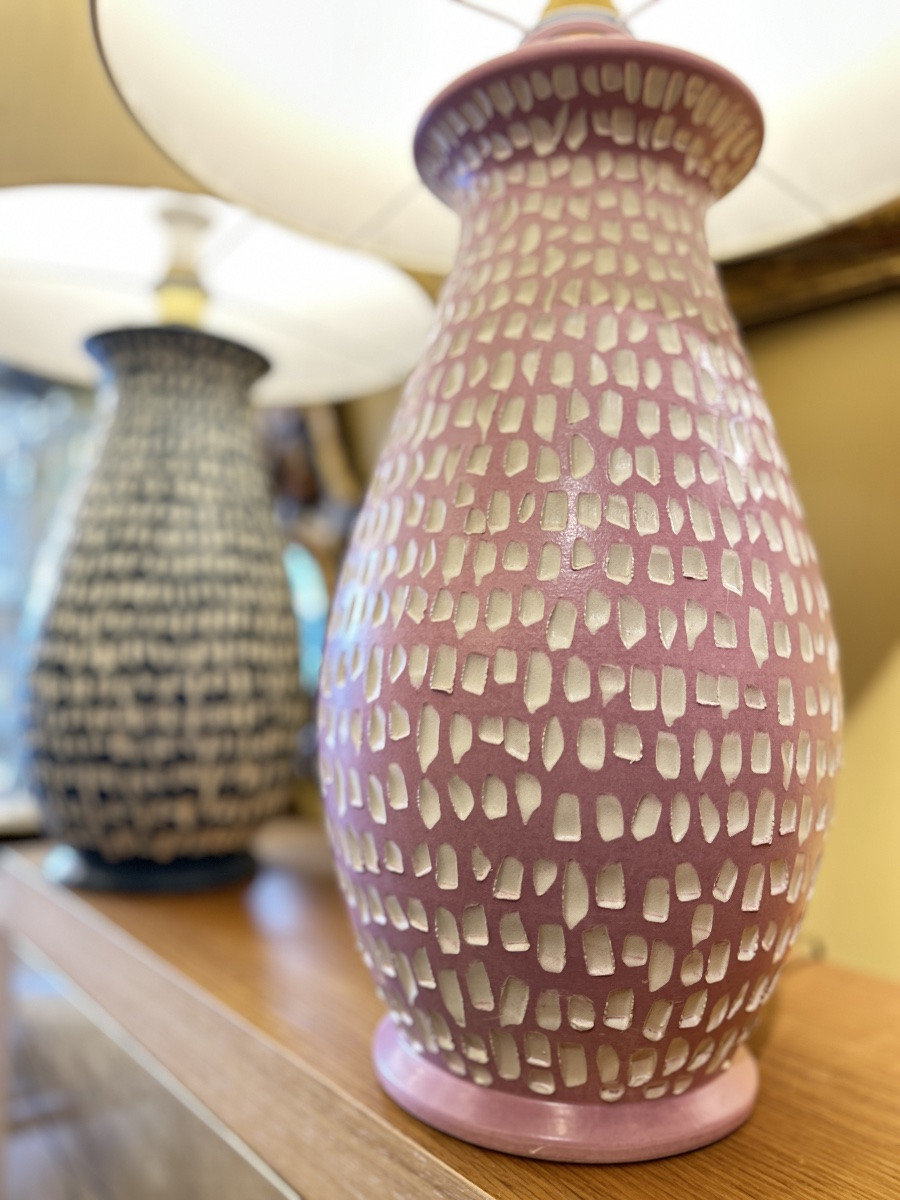 Pair Of Lamps In Painted Ceramics, Semis Pattern - 20th Century-photo-1