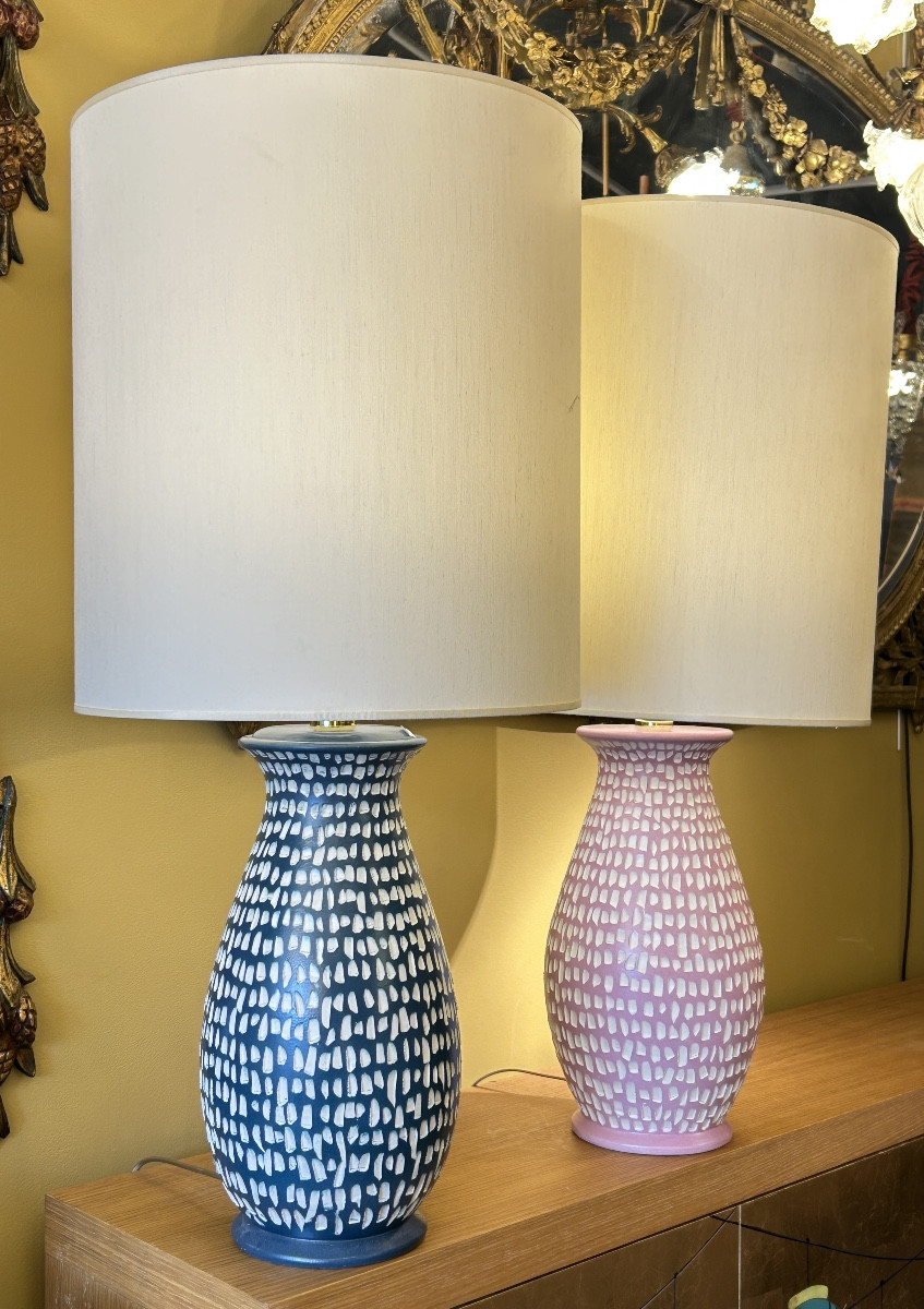 Pair Of Lamps In Painted Ceramics, Semis Pattern - 20th Century