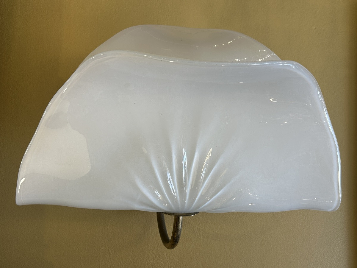 Pair Of Leaf-shaped Opalescent Blown Glass Sconces - Italy, 1960s-1970s-photo-2