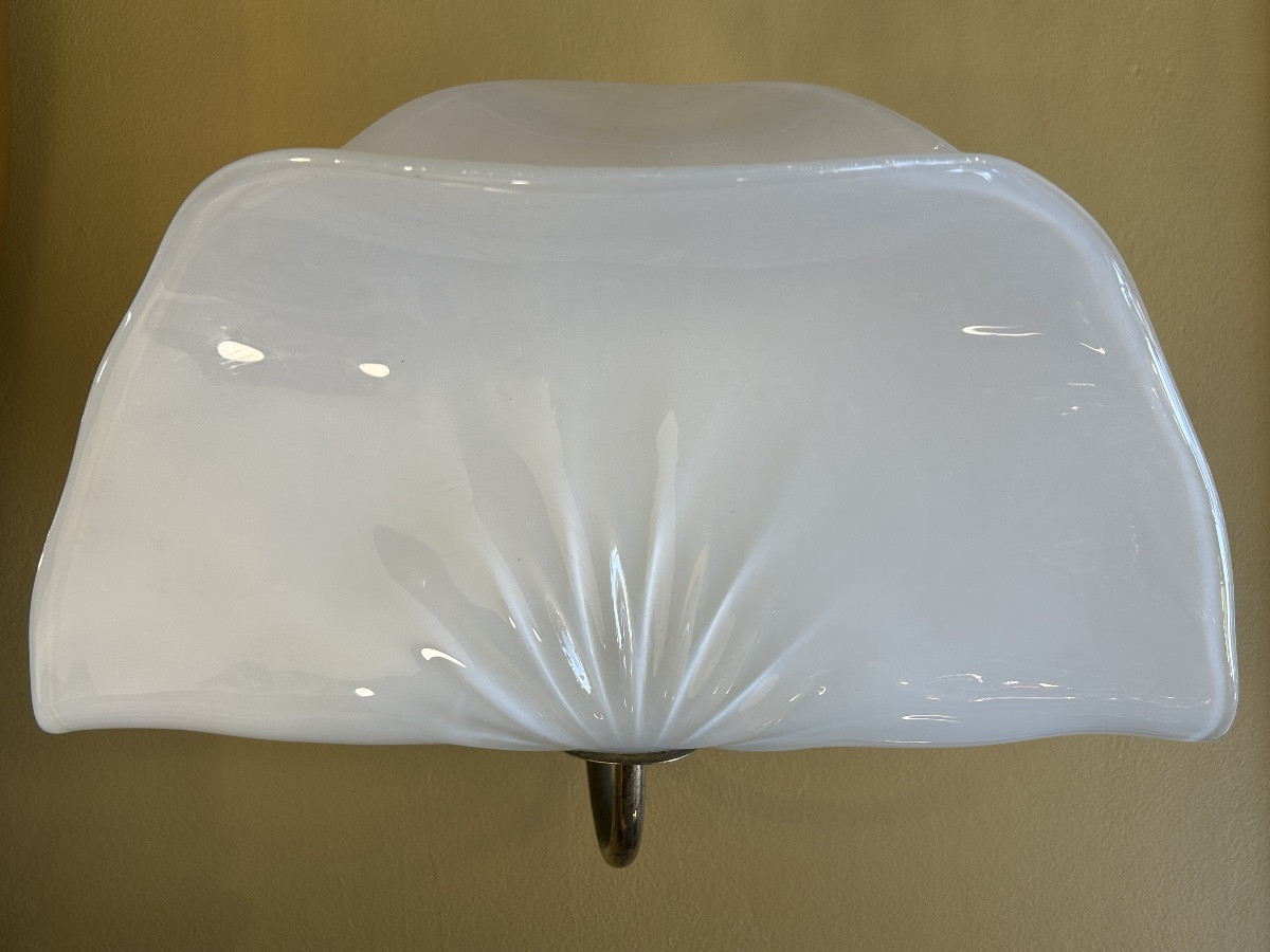 Pair Of Leaf-shaped Opalescent Blown Glass Sconces - Italy, 1960s-1970s-photo-3