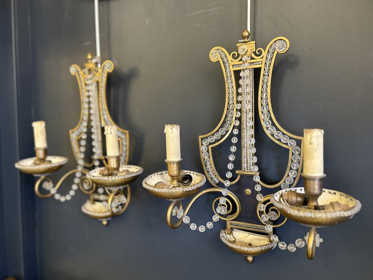 Paire d’appliques en bronze doré et cristal, forme de lyre — France, vers 1900-photo-3