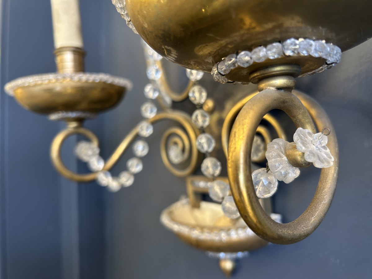 Paire d’appliques en bronze doré et cristal, forme de lyre — France, vers 1900-photo-3