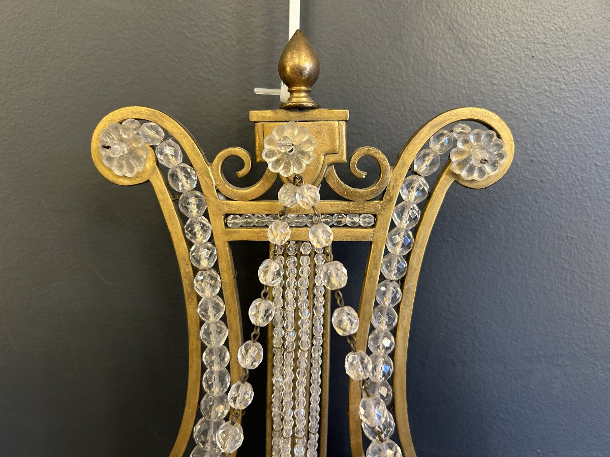 Paire d’appliques en bronze doré et cristal, forme de lyre — France, vers 1900-photo-5