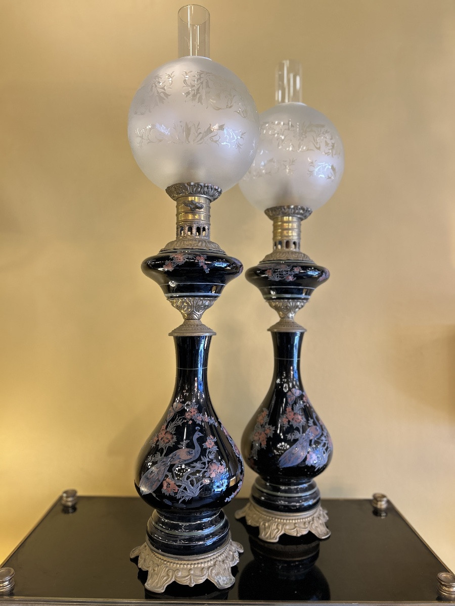 Pair Of Electrified Oil Lamps With Japanese Decor - 20th Century-photo-2