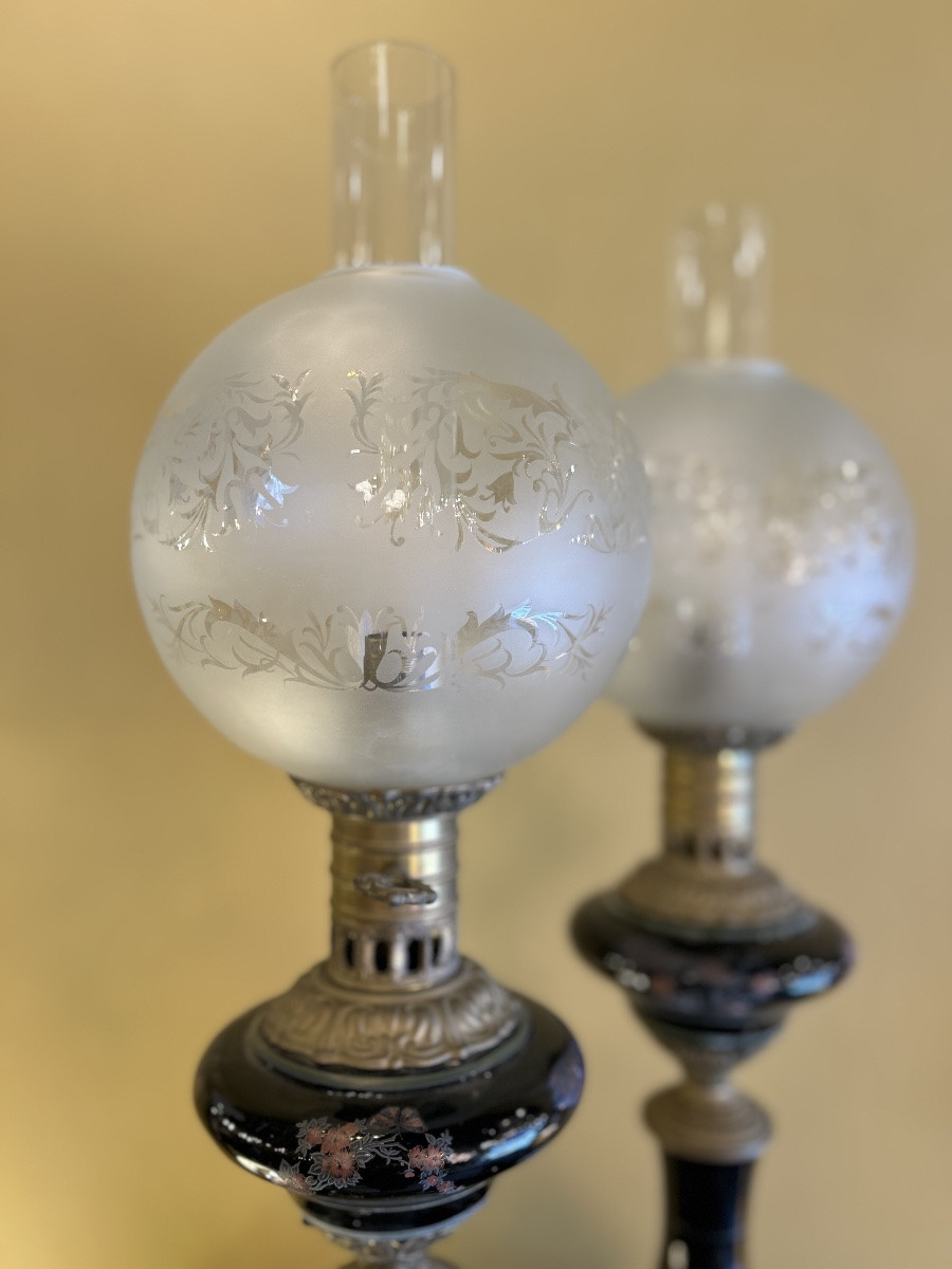 Pair Of Electrified Oil Lamps With Japanese Decor - 20th Century-photo-4