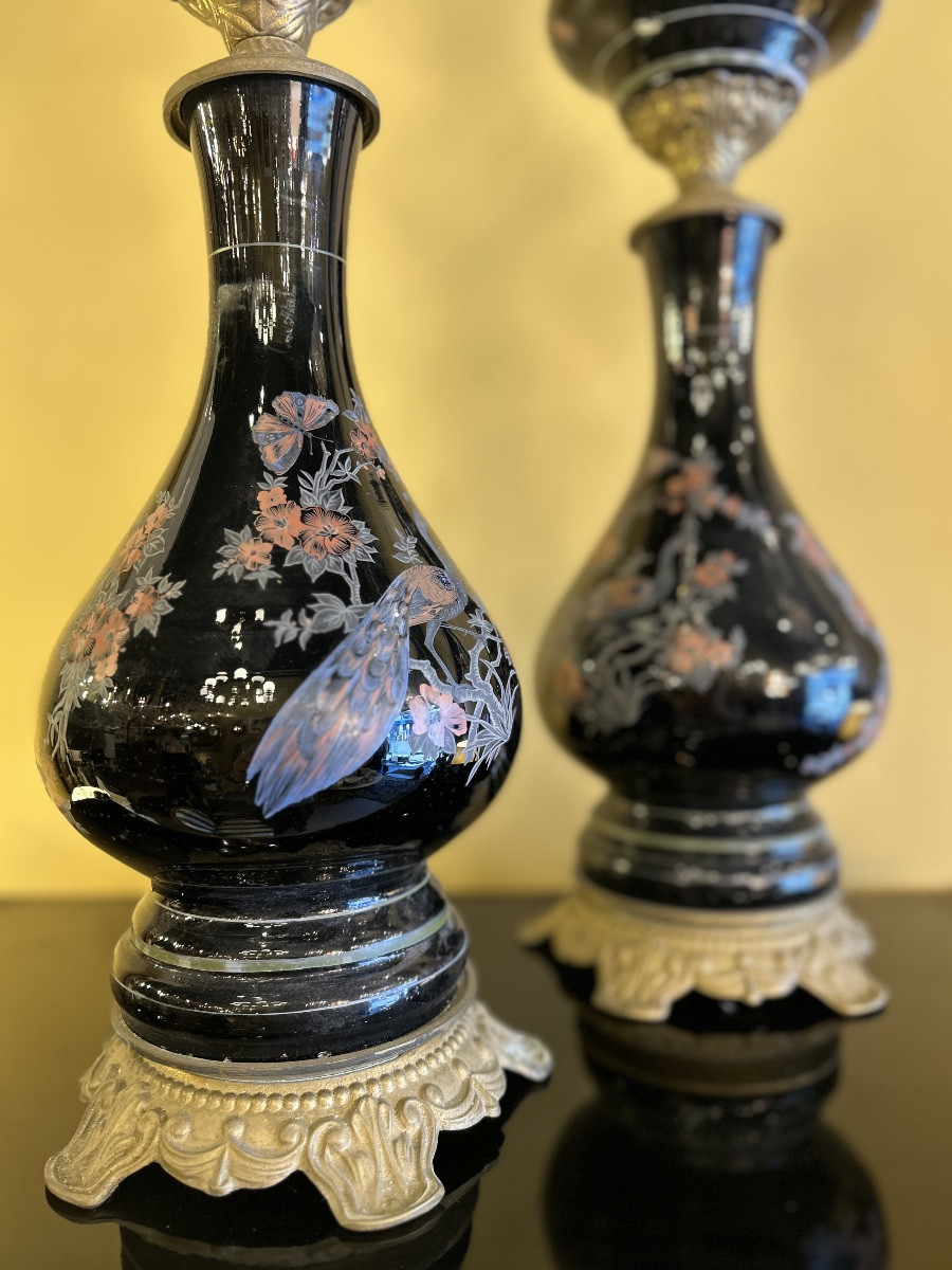 Pair Of Electrified Oil Lamps With Japanese Decor - 20th Century-photo-1