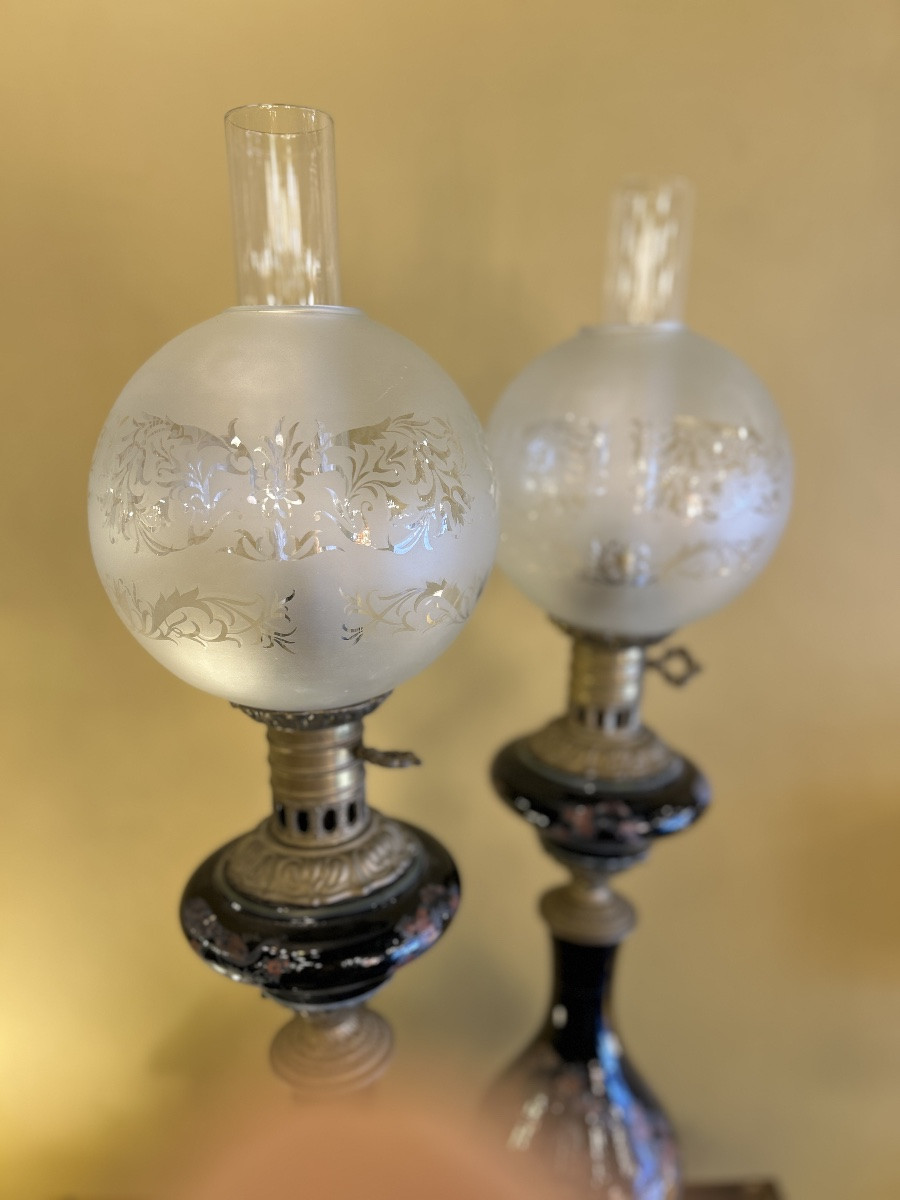 Pair Of Electrified Oil Lamps With Japanese Decor - 20th Century-photo-3