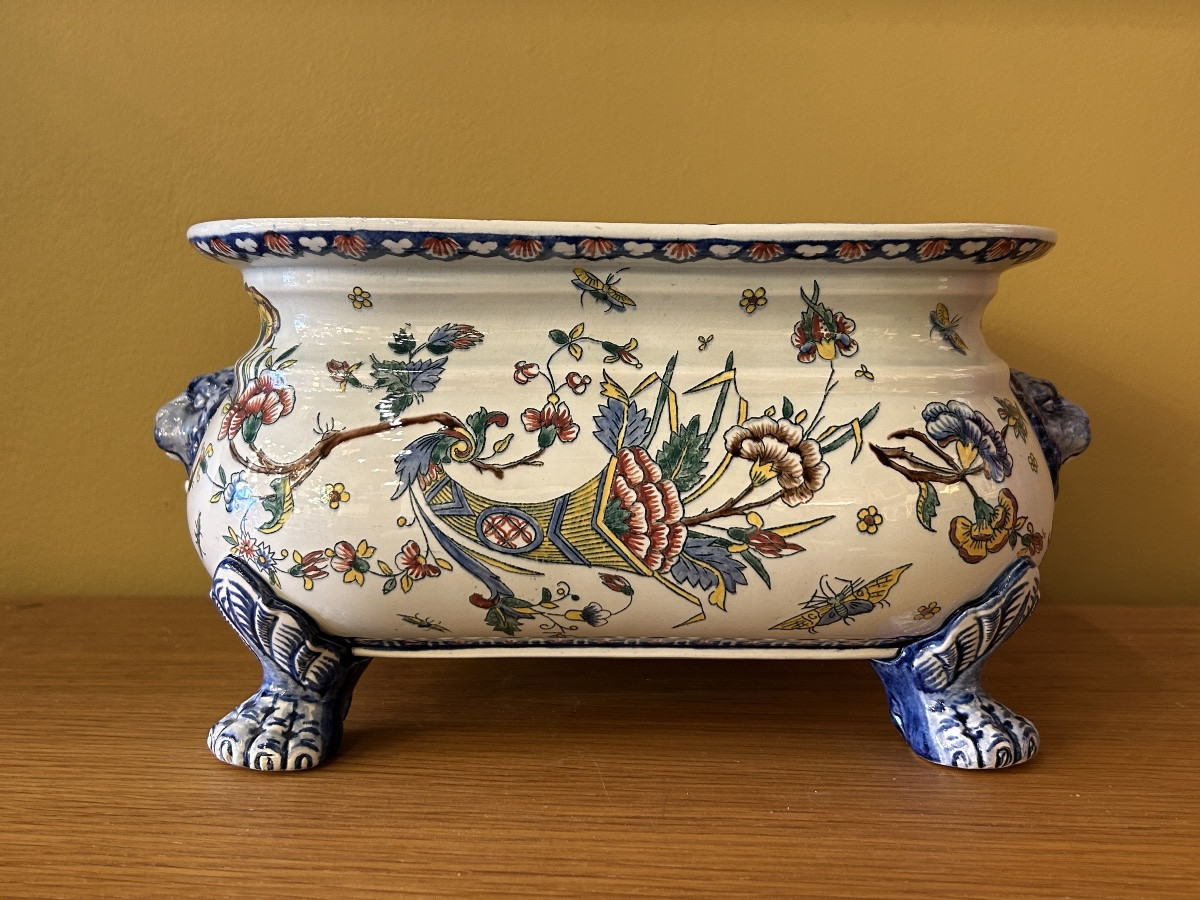 Polychrome Earthenware Planter - Gien, 19th-20th Century-photo-4