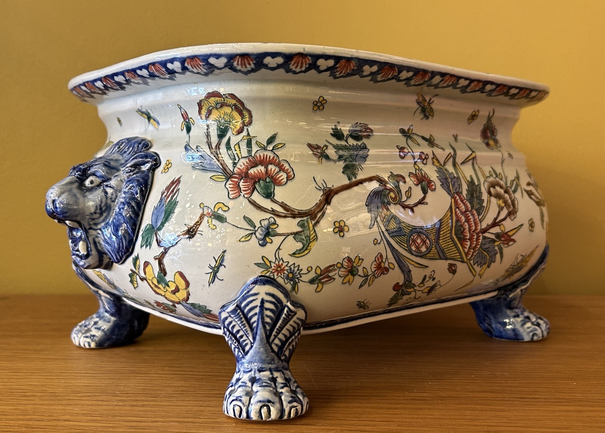 Polychrome Earthenware Planter - Gien, 19th-20th Century