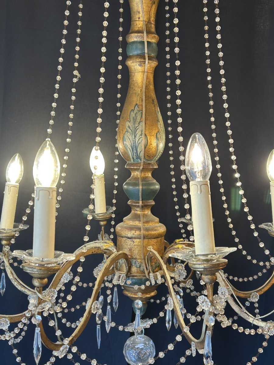 Genoese Chandelier, Italy, 19th Century, Painted And Gilded Wood, 8 Lights-photo-2