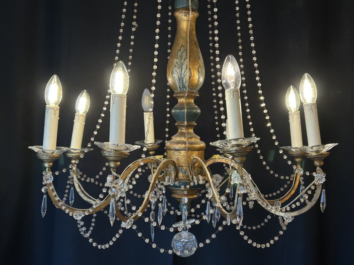 Genoese Chandelier, Italy, 19th Century, Painted And Gilded Wood, 8 Lights-photo-3