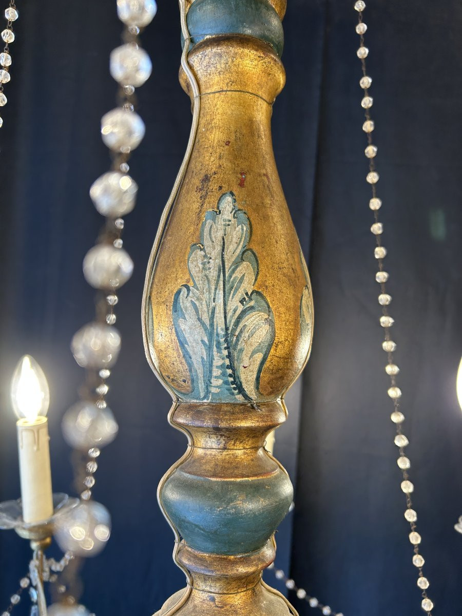 Genoese Chandelier, Italy, 19th Century, Painted And Gilded Wood, 8 Lights-photo-1