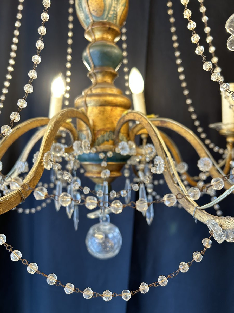 Genoese Chandelier, Italy, 19th Century, Painted And Gilded Wood, 8 Lights-photo-2