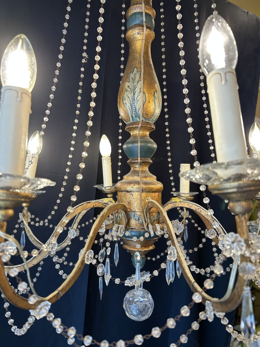 Genoese Chandelier, Italy, 19th Century, Painted And Gilded Wood, 8 Lights-photo-3