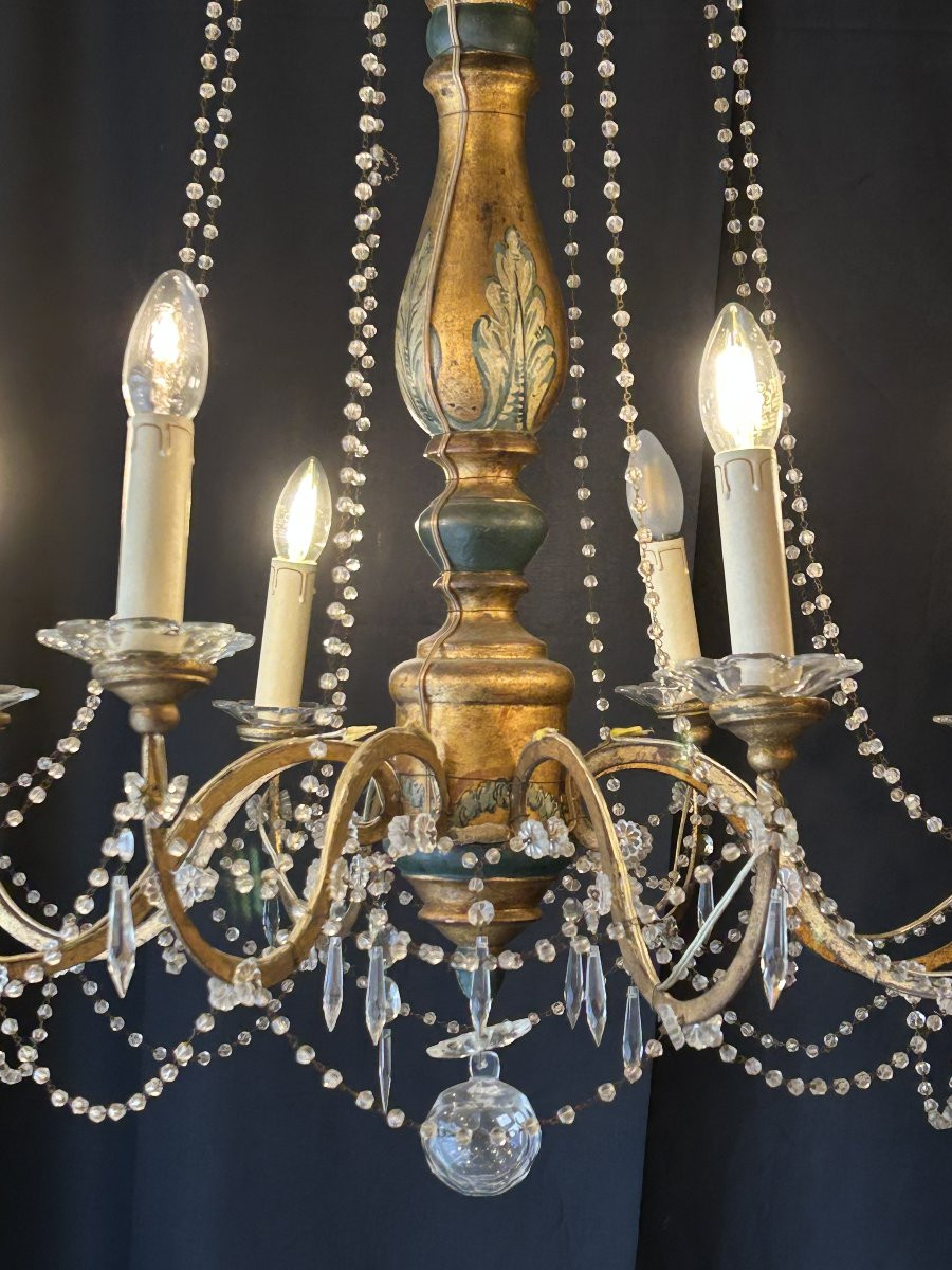 Genoese Chandelier, Italy, 19th Century, Painted And Gilded Wood, 8 Lights-photo-4