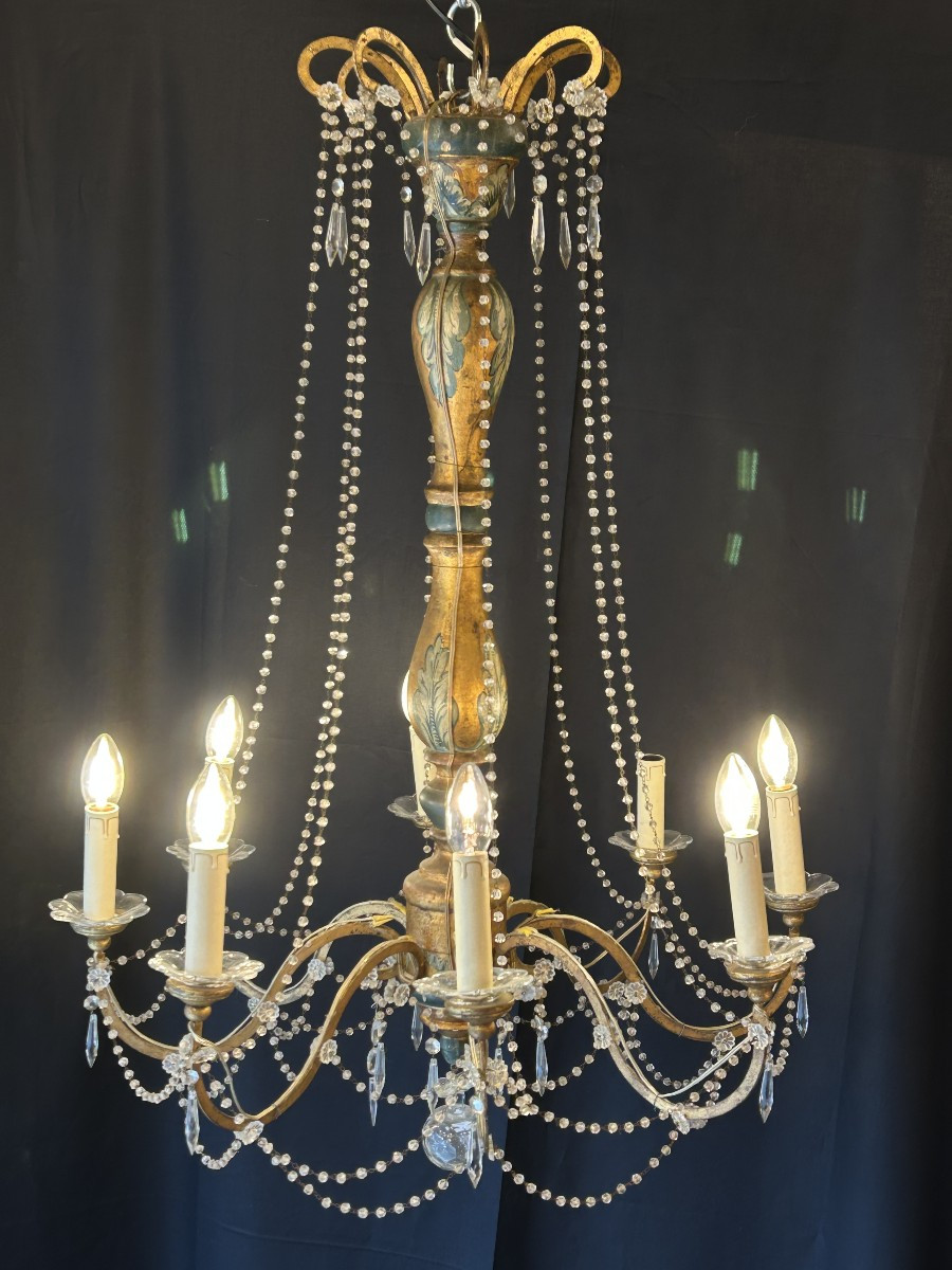 Genoese Chandelier, Italy, 19th Century, Painted And Gilded Wood, 8 Lights
