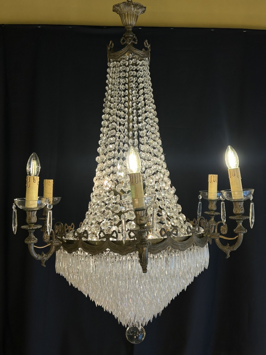 Lustre montgolfière en bronze et cristal, style Empire — XIXe–XXe siècle