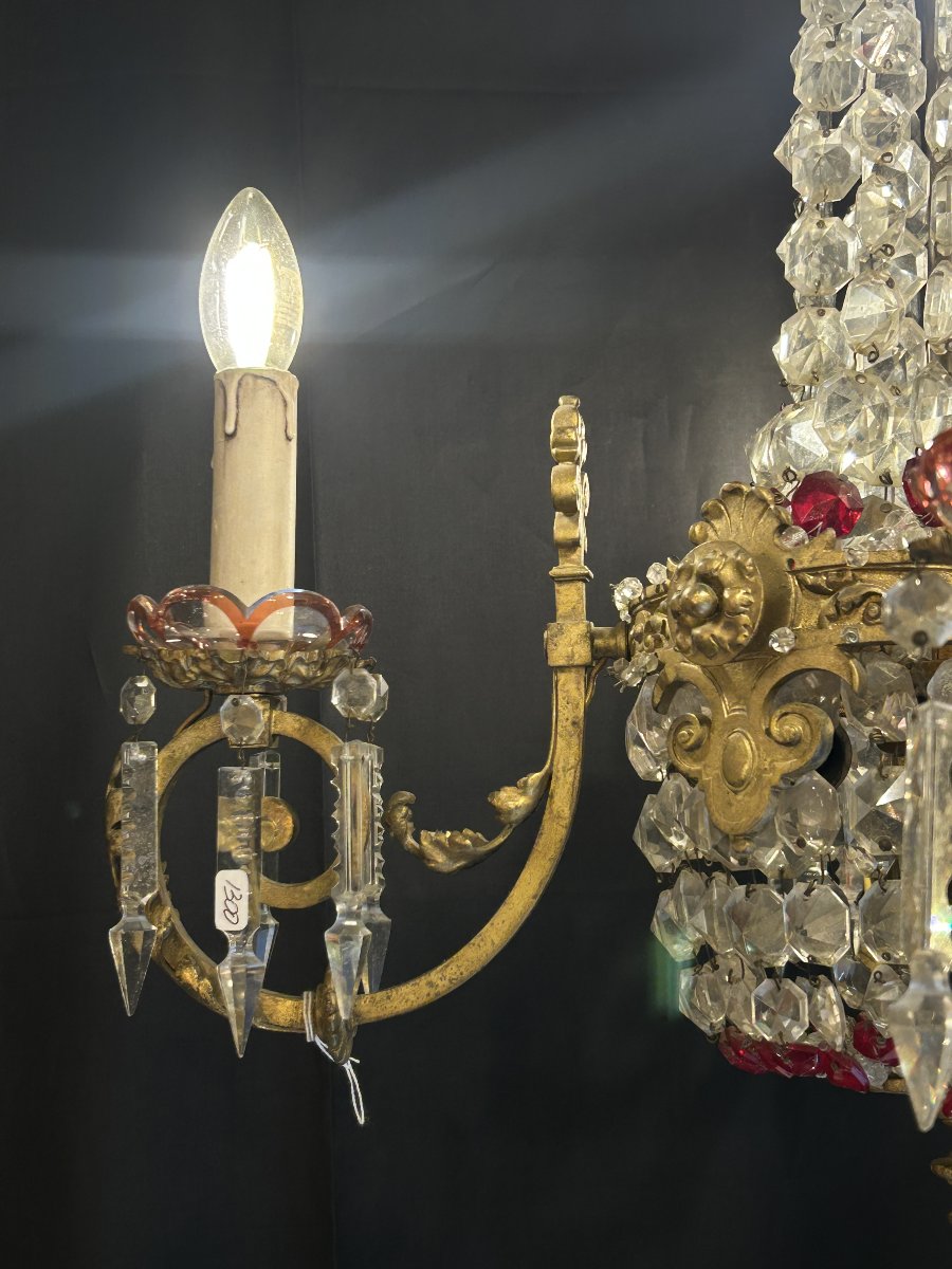 Lustre à quatre bras en bronze doré et cristal taillé, décor en verre rouge, début XXe siècle-photo-3