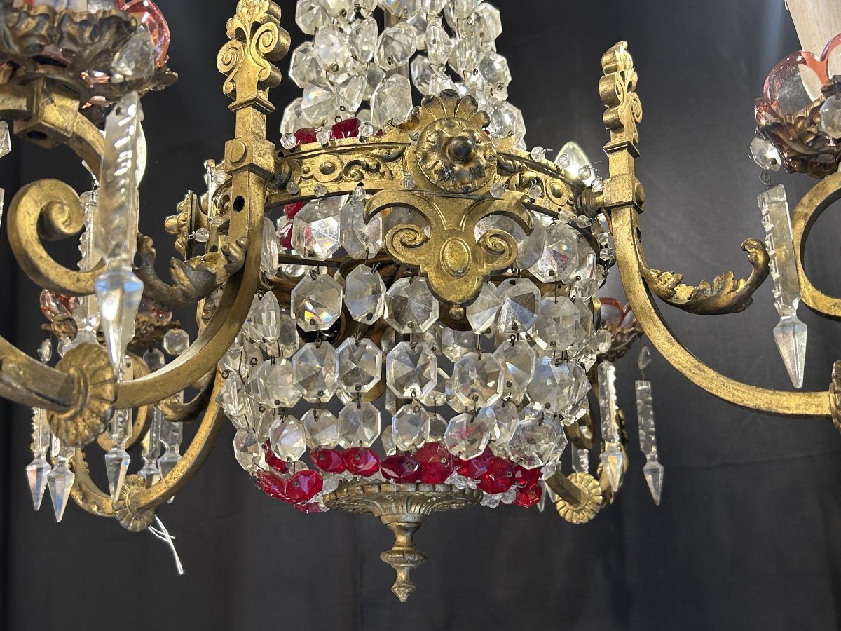 Lustre à quatre bras en bronze doré et cristal taillé, décor en verre rouge, début XXe siècle-photo-4