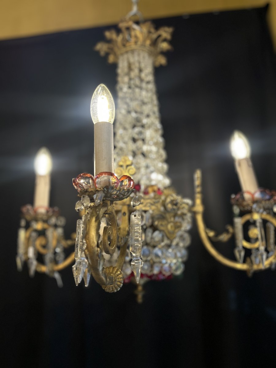Lustre à quatre bras en bronze doré et cristal taillé, décor en verre rouge, début XXe siècle-photo-2