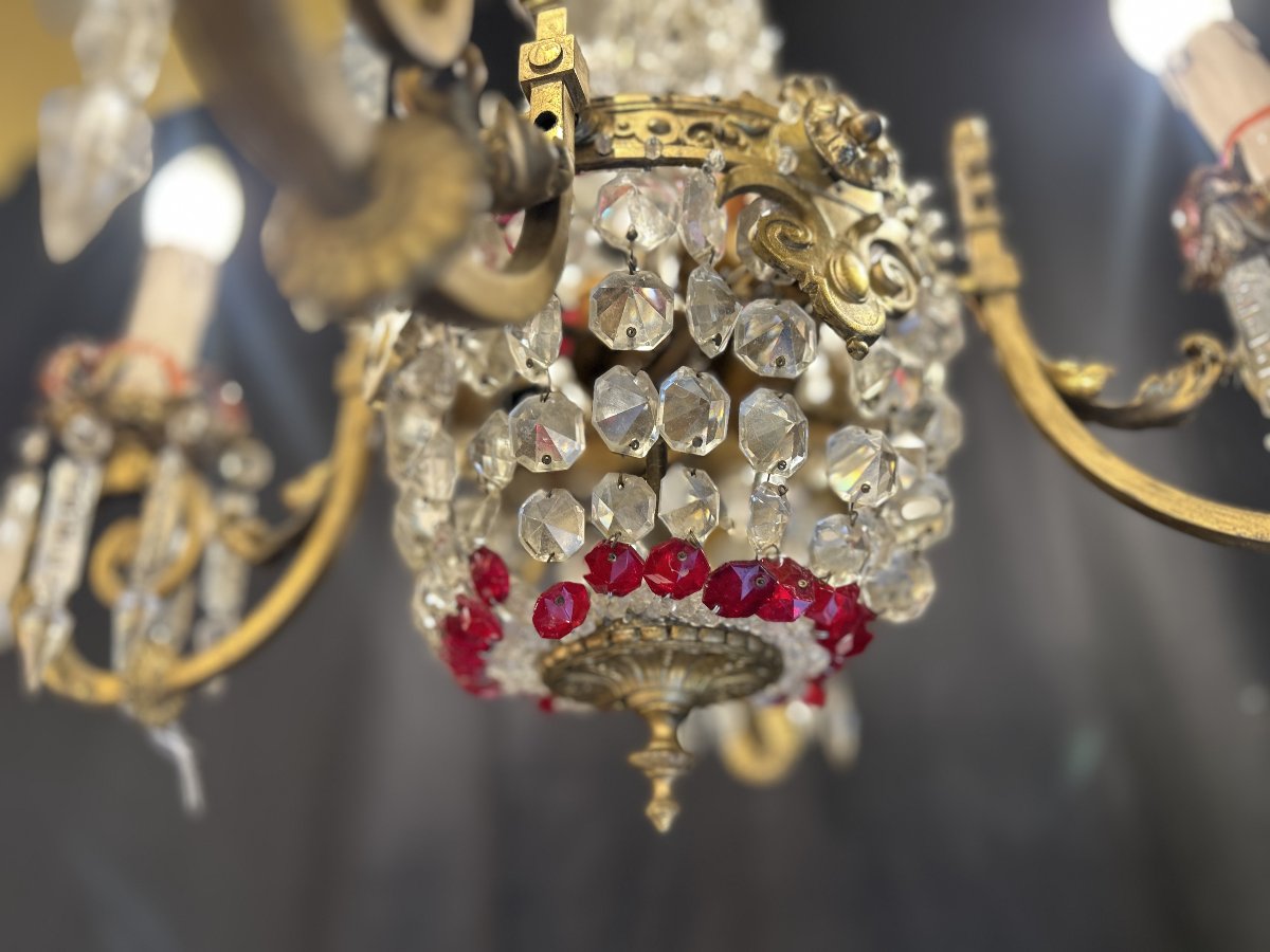 Lustre à quatre bras en bronze doré et cristal taillé, décor en verre rouge, début XXe siècle-photo-4