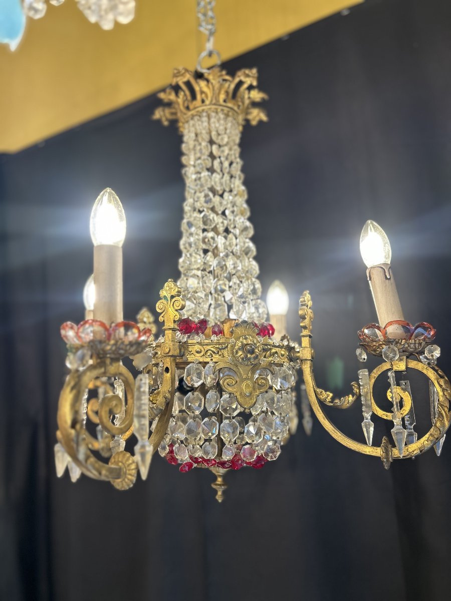 Lustre à quatre bras en bronze doré et cristal taillé, décor en verre rouge, début XXe siècle-photo-5