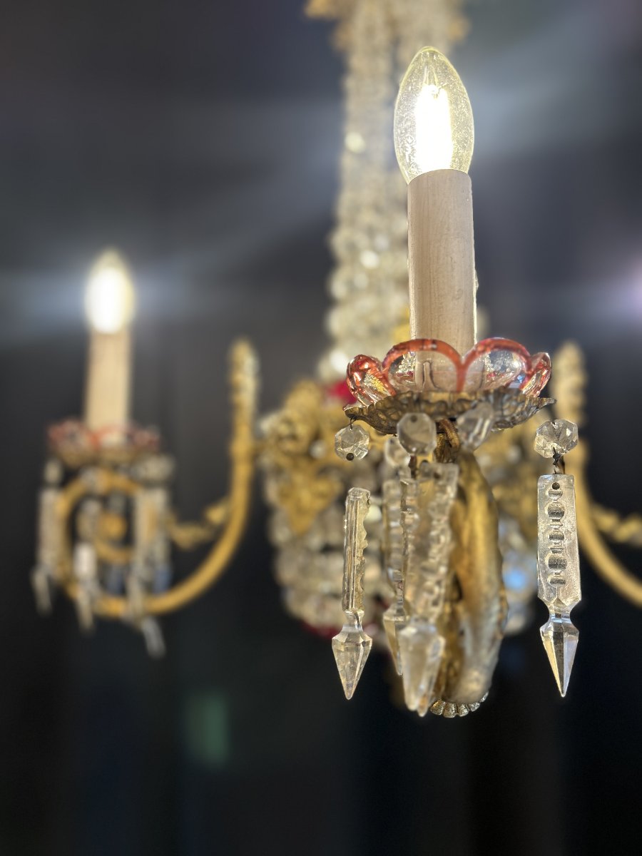 Lustre à quatre bras en bronze doré et cristal taillé, décor en verre rouge, début XXe siècle-photo-6