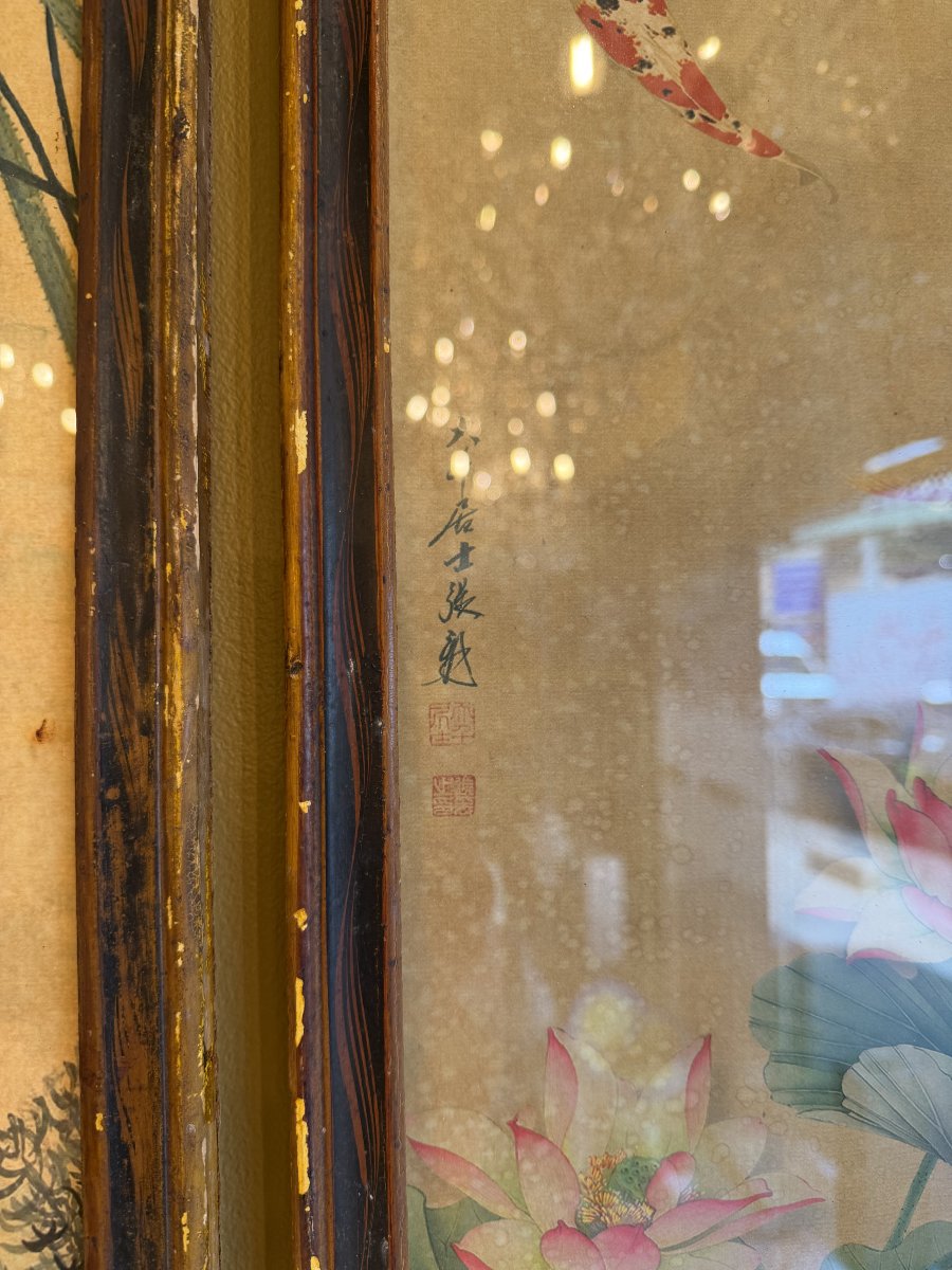 Suite de quatre panneaux peints, encre et pigments sur papier — Chine, XXe siècle-photo-1