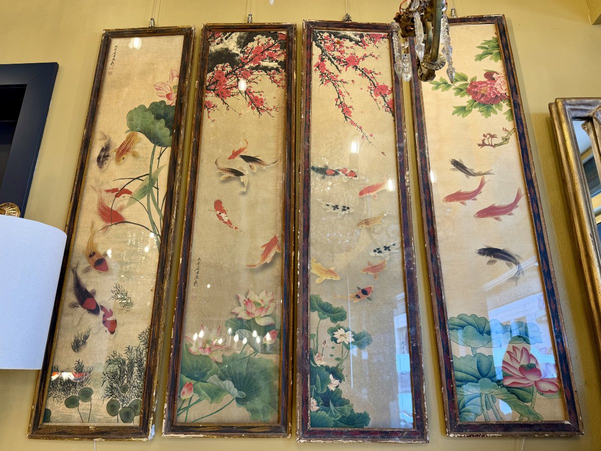 Suite de quatre panneaux peints, encre et pigments sur papier — Chine, XXe siècle