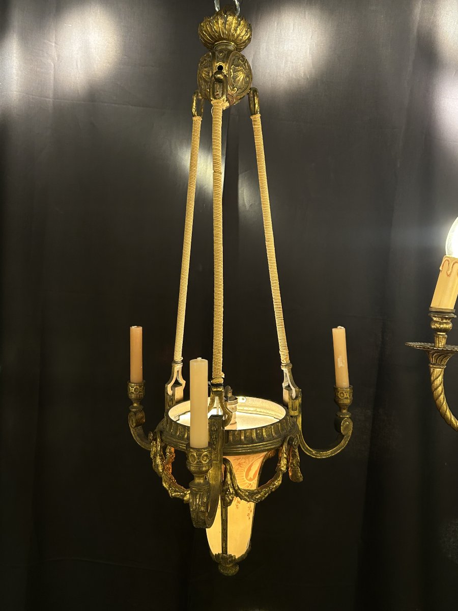 Suspension à vasque en bronze doré et verre peint, style Louis XVI, fin XIXe / début XXe siècle-photo-2