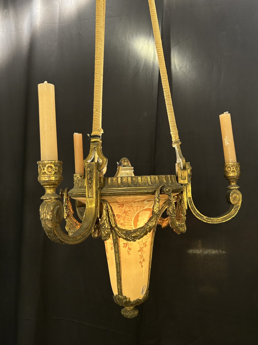 Suspension à vasque en bronze doré et verre peint, style Louis XVI, fin XIXe / début XXe siècle-photo-3