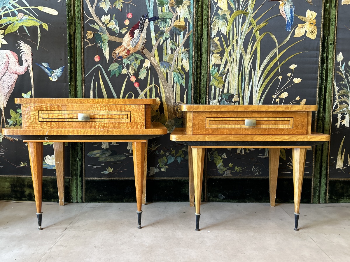Paire de tables de chevet en bois plaqué, dans le goût Art Déco — années 1970-photo-2