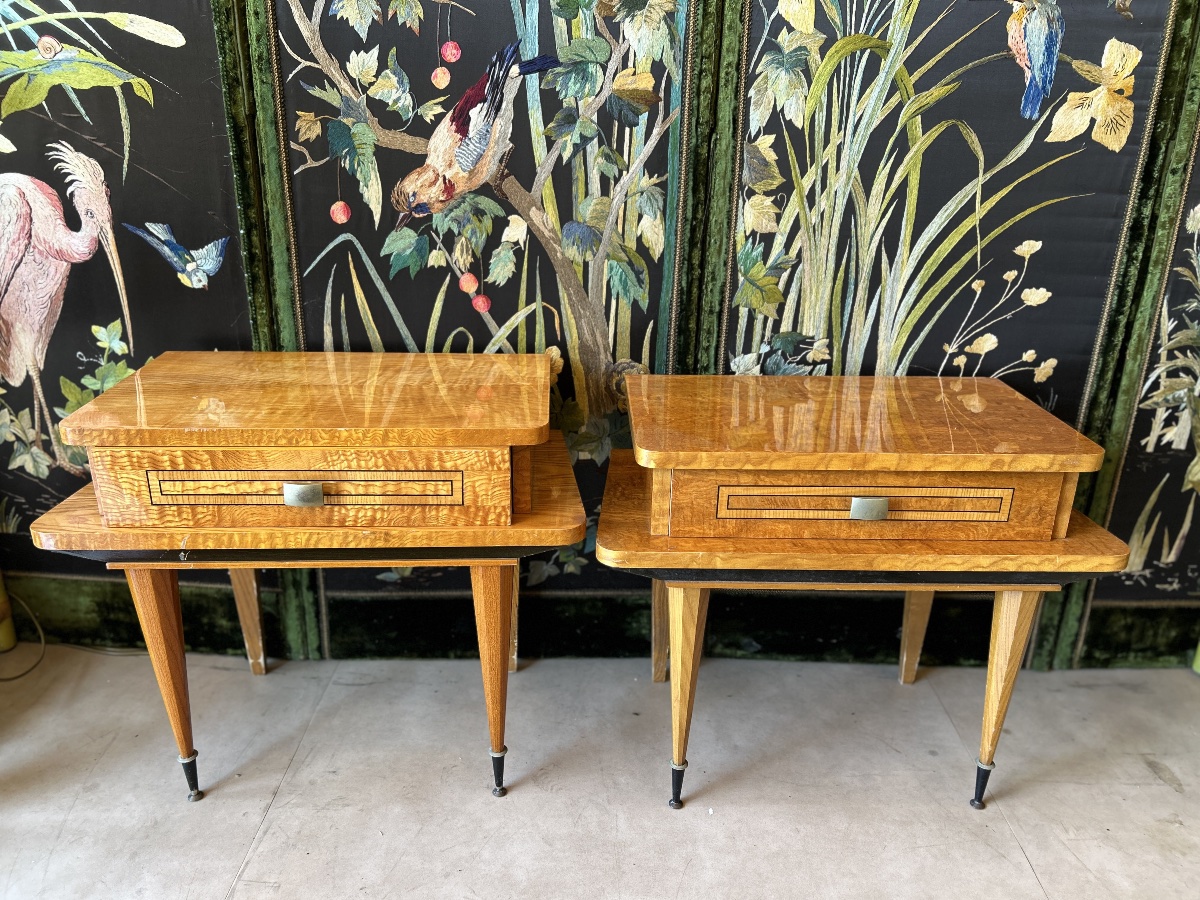 Paire de tables de chevet en bois plaqué, dans le goût Art Déco — années 1970-photo-3