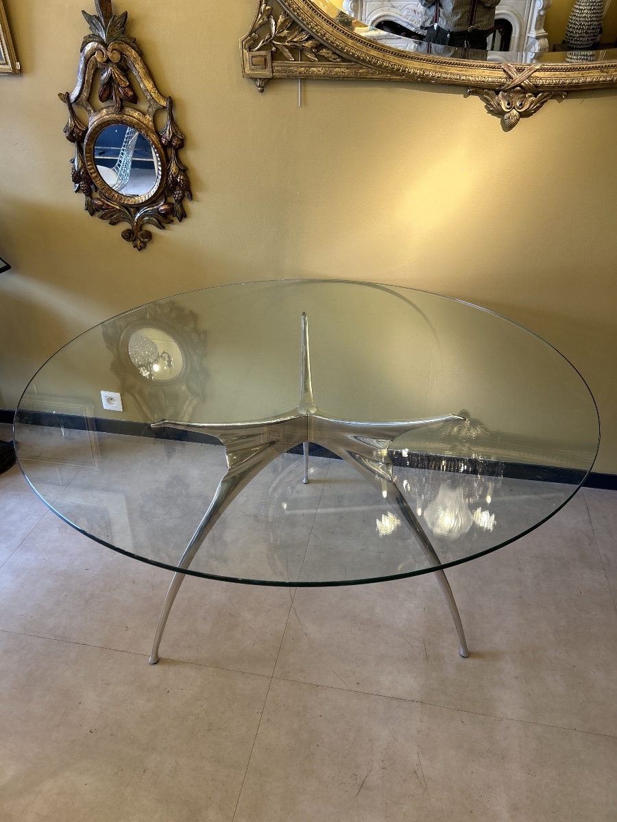 Table Ronde « Errance », Aluminium Poli Et Verre Biseauté, Bernard Dequet Pour Protis — 70s-photo-3