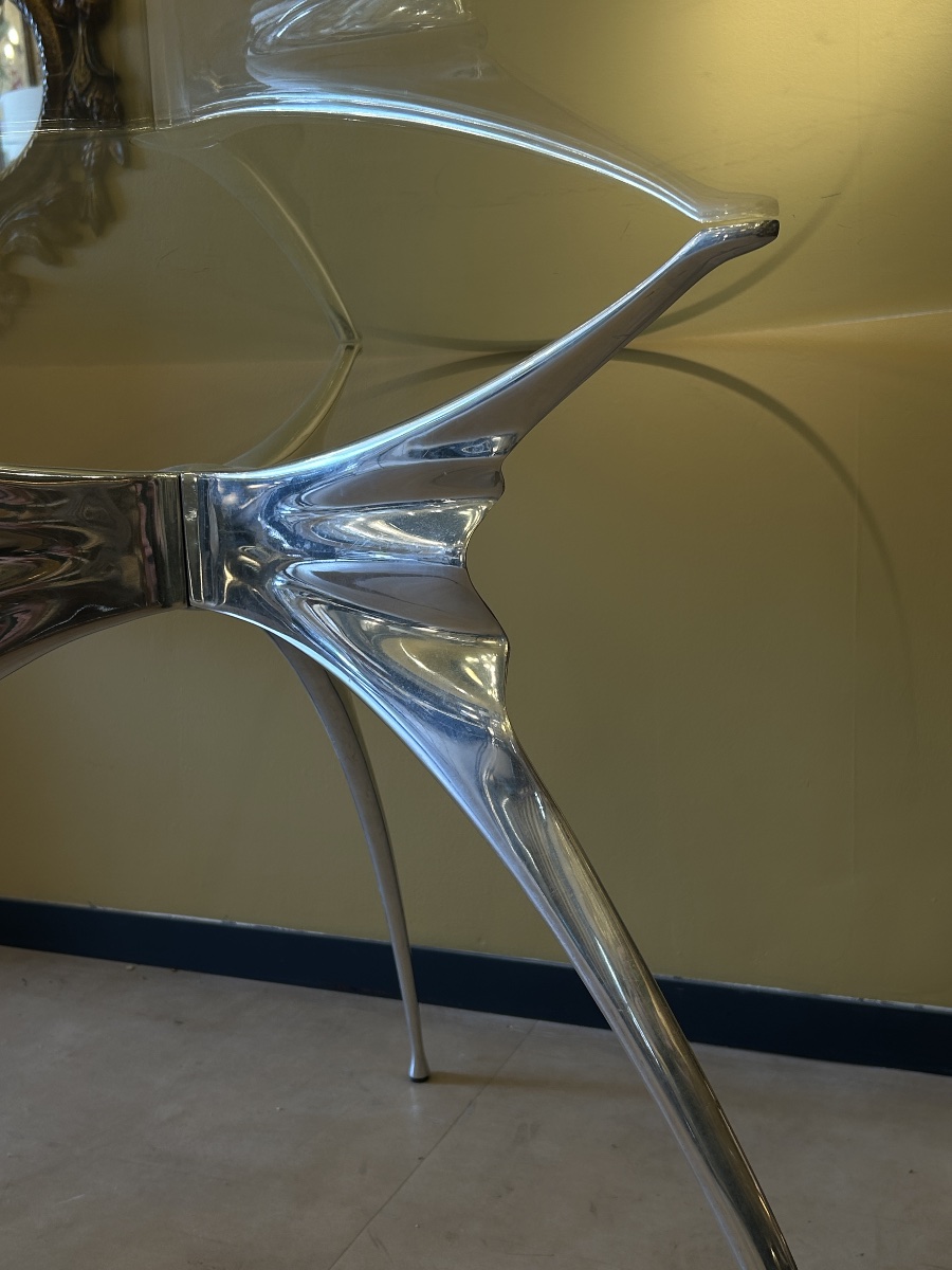 Table Ronde « Errance », Aluminium Poli Et Verre Biseauté, Bernard Dequet Pour Protis — 70s-photo-2