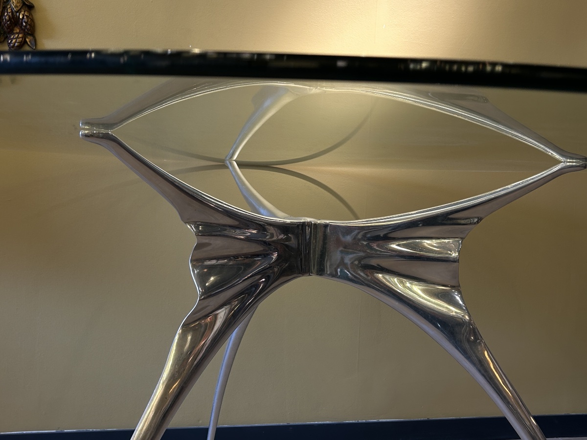Table Ronde « Errance », Aluminium Poli Et Verre Biseauté, Bernard Dequet Pour Protis — 70s-photo-3