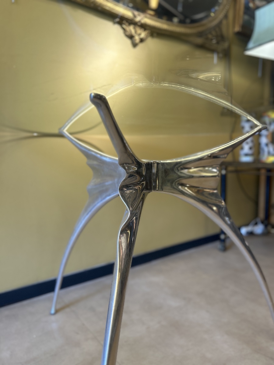 Table Ronde « Errance », Aluminium Poli Et Verre Biseauté, Bernard Dequet Pour Protis — 70s-photo-4