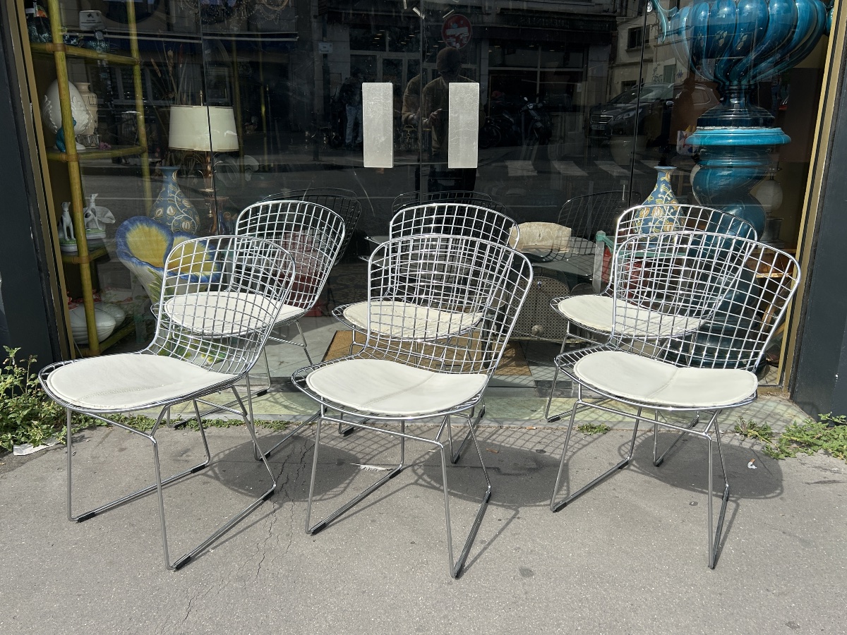 Série de 6 chaises style Bertoia en métal chromé avec coussins, XXe siècle — reproduction-photo-6