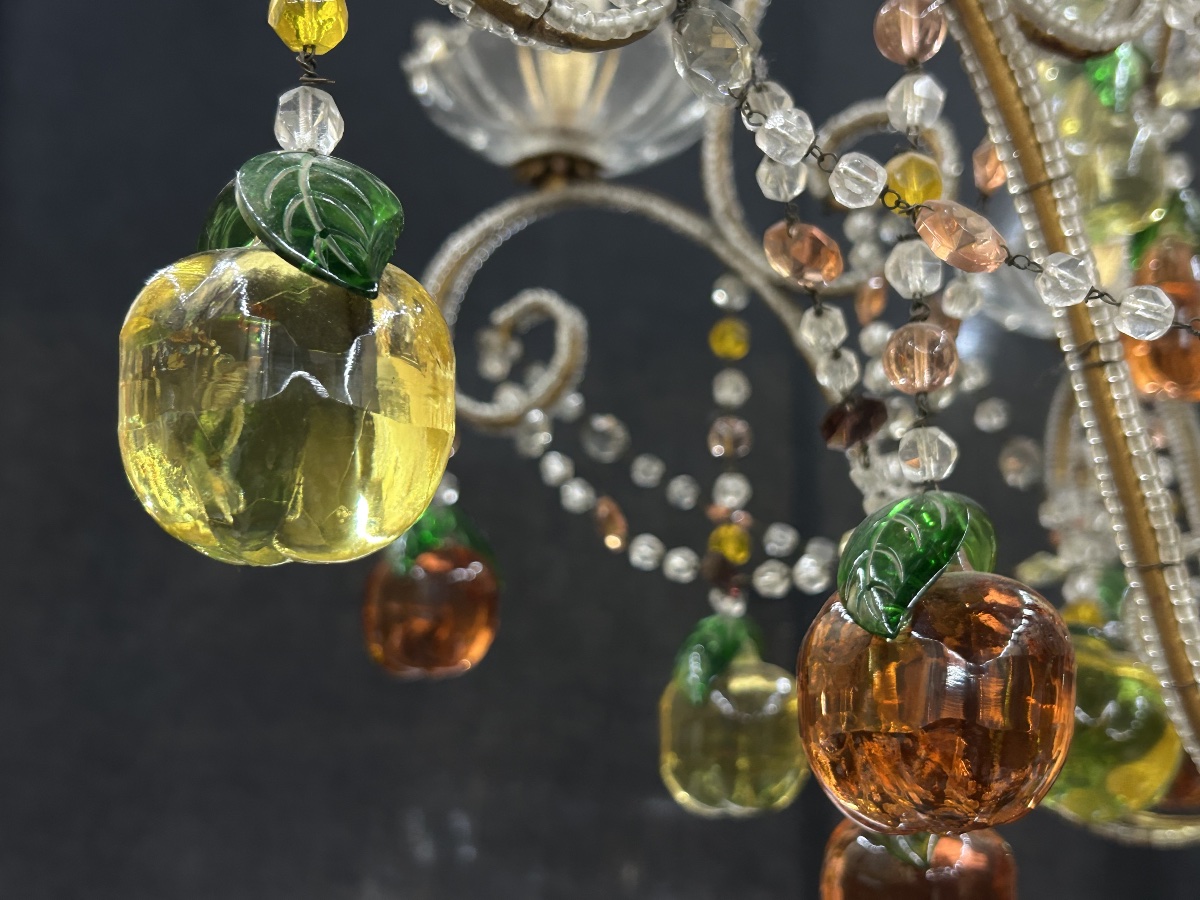 Gold-plated Metal And Colored Glass Fruit Chandelier — Italy, 20th Century -photo-3