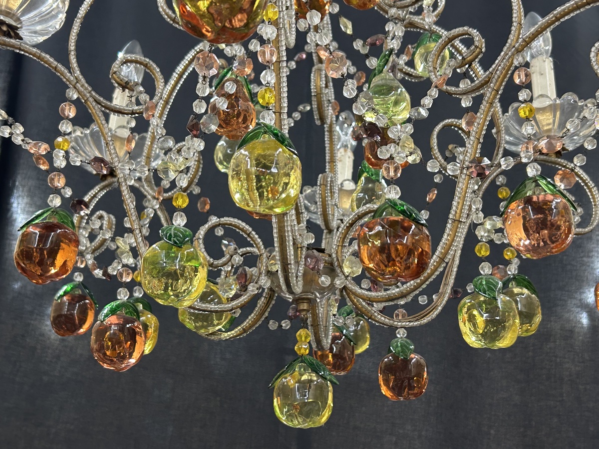 Gold-plated Metal And Colored Glass Fruit Chandelier — Italy, 20th Century -photo-4