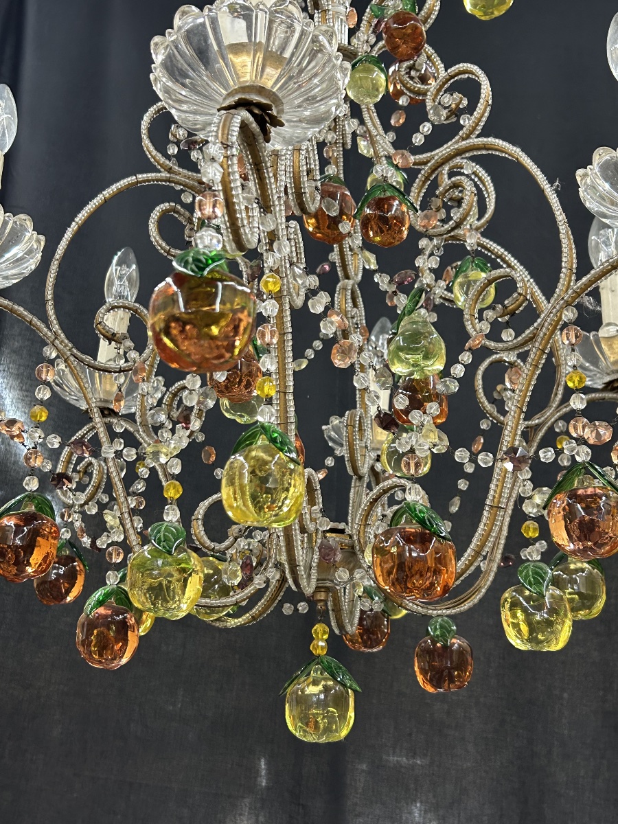 Gold-plated Metal And Colored Glass Fruit Chandelier — Italy, 20th Century -photo-1