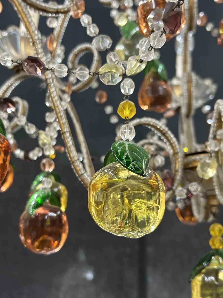 Gold-plated Metal And Colored Glass Fruit Chandelier — Italy, 20th Century -photo-2