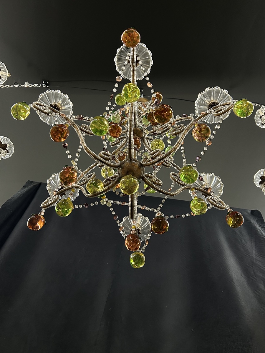 Gold-plated Metal And Colored Glass Fruit Chandelier — Italy, 20th Century -photo-3