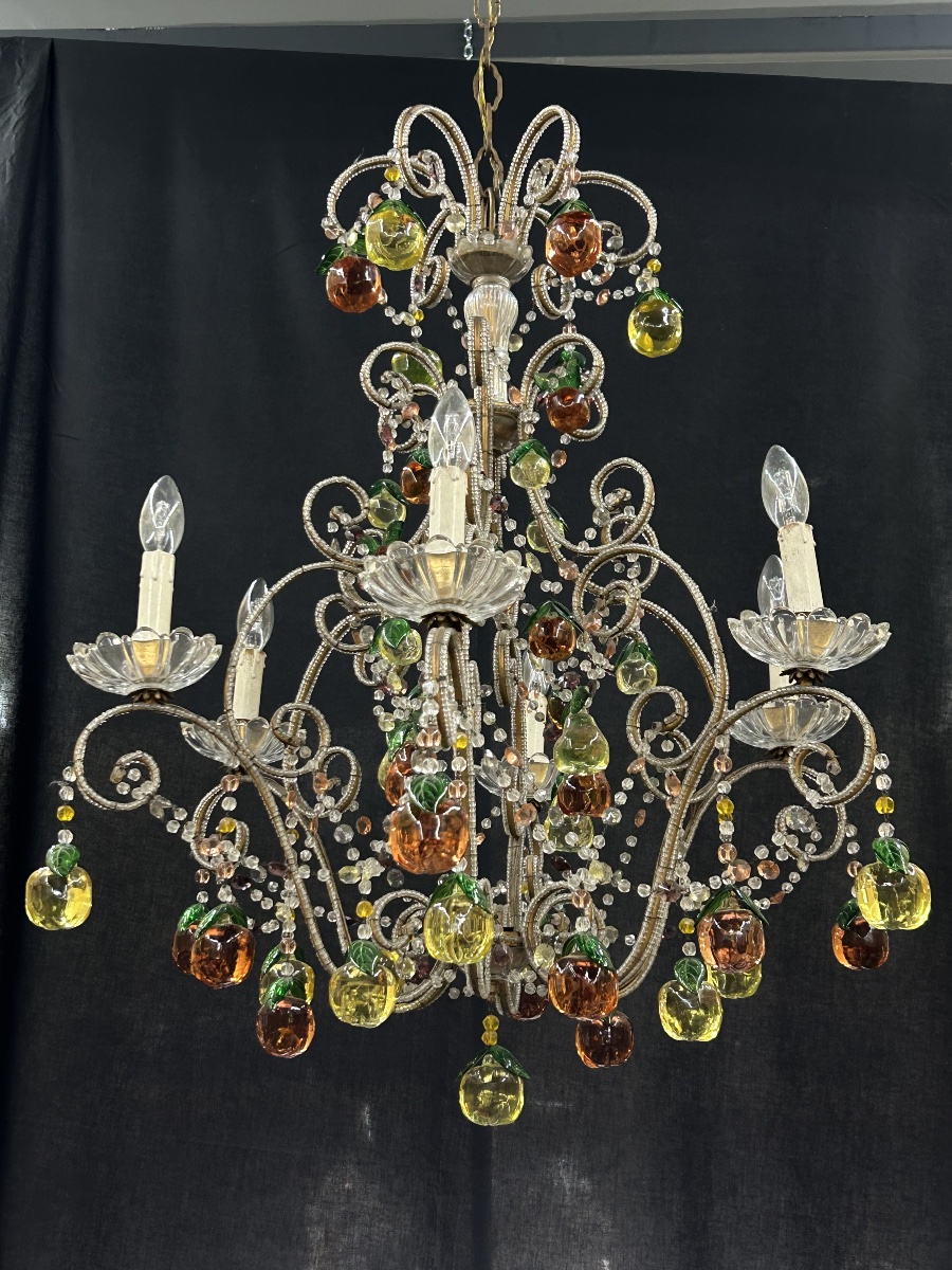 Gold-plated Metal And Colored Glass Fruit Chandelier — Italy, 20th Century 