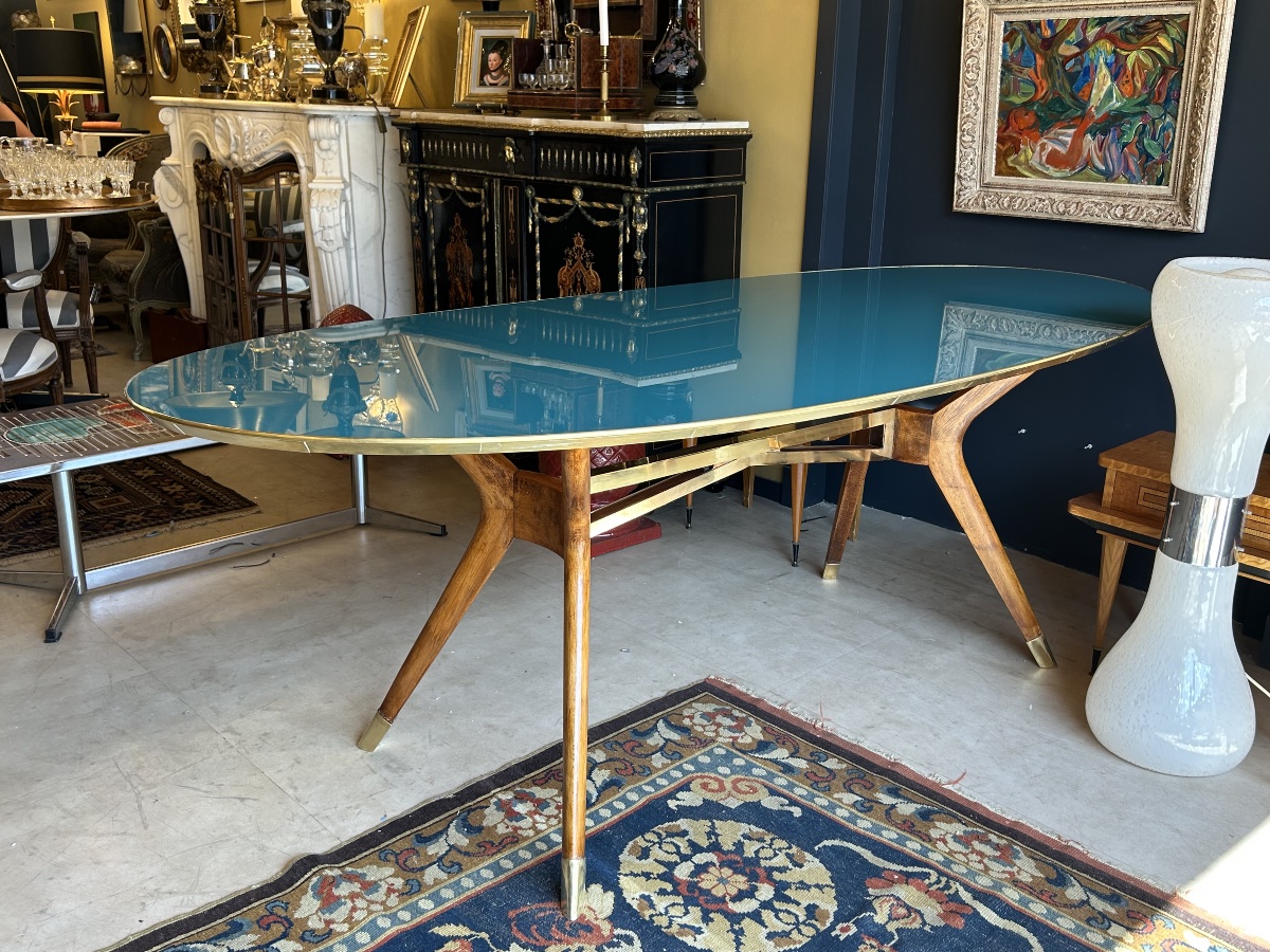 Oval Table With A Blue Lacquered Glass Top, Wooden And Brass Base — Italy, 1960s-photo-2