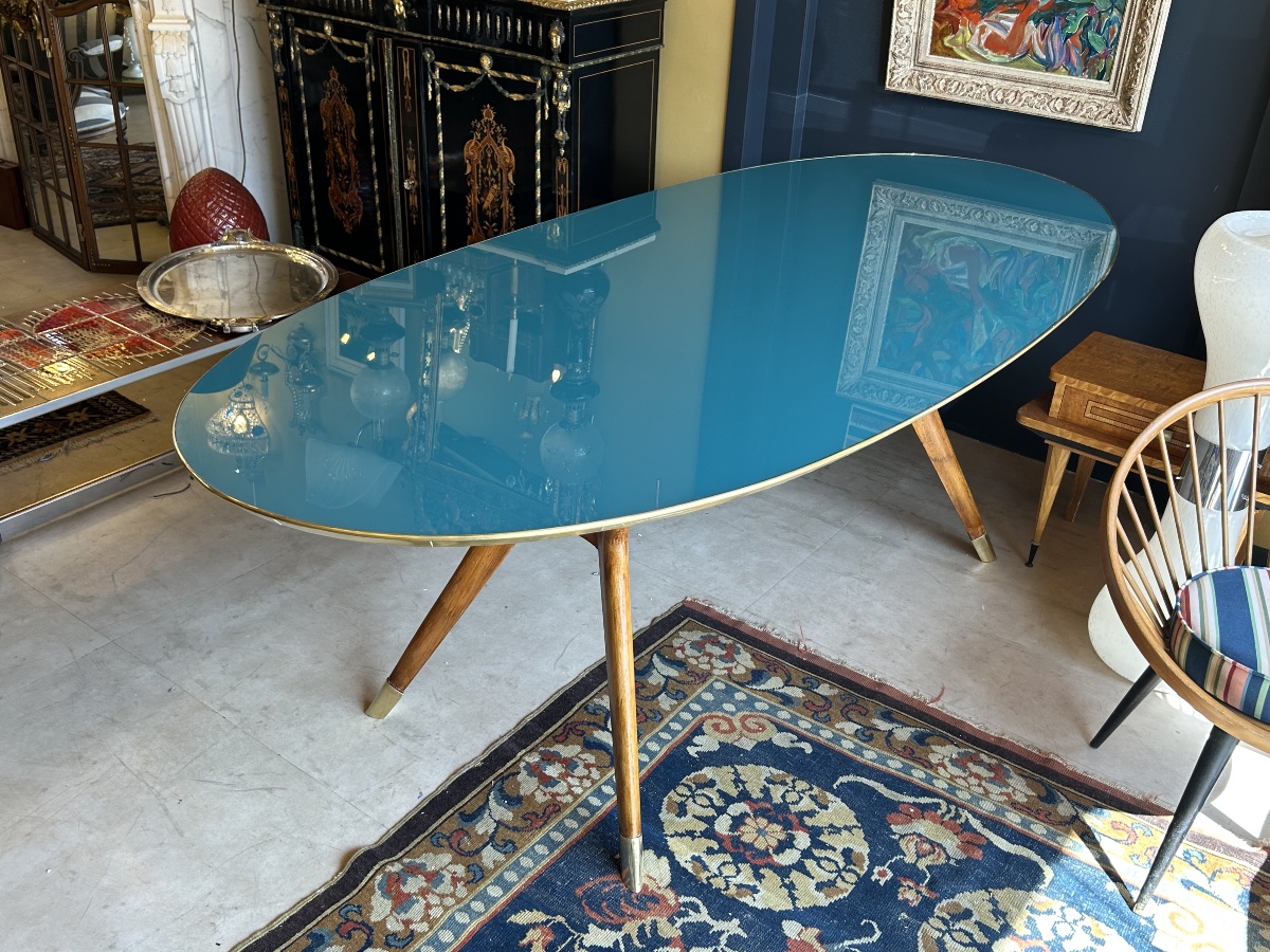 Oval Table With A Blue Lacquered Glass Top, Wooden And Brass Base — Italy, 1960s-photo-3