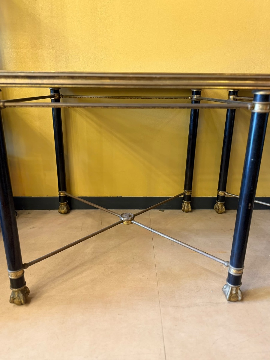 Pair Of Coffee Tables In Black-lacquered Metal And Brass, With Smoked Glass Tops — 20th Century-photo-3